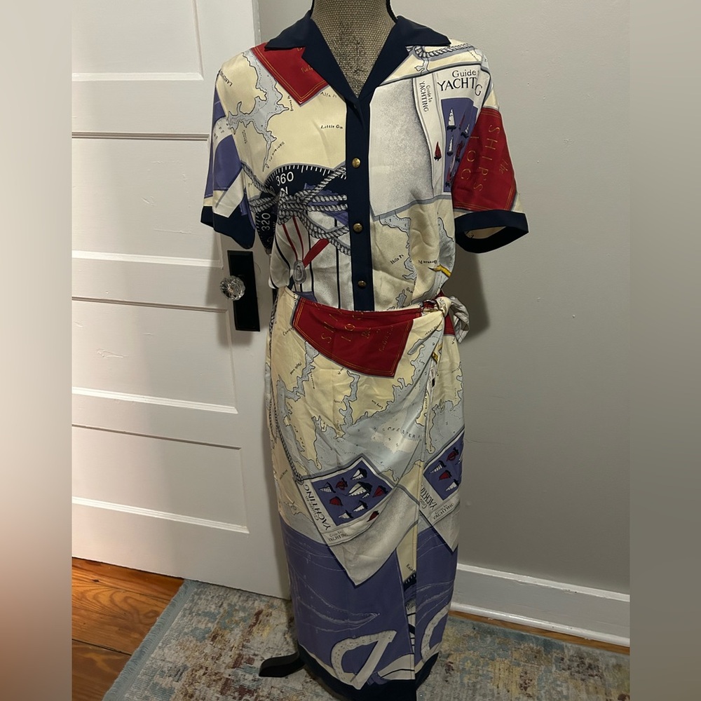Vintage Ralph Lauren 100% Silk Nautical Print Button Down and Wrap Tie Skirt Set